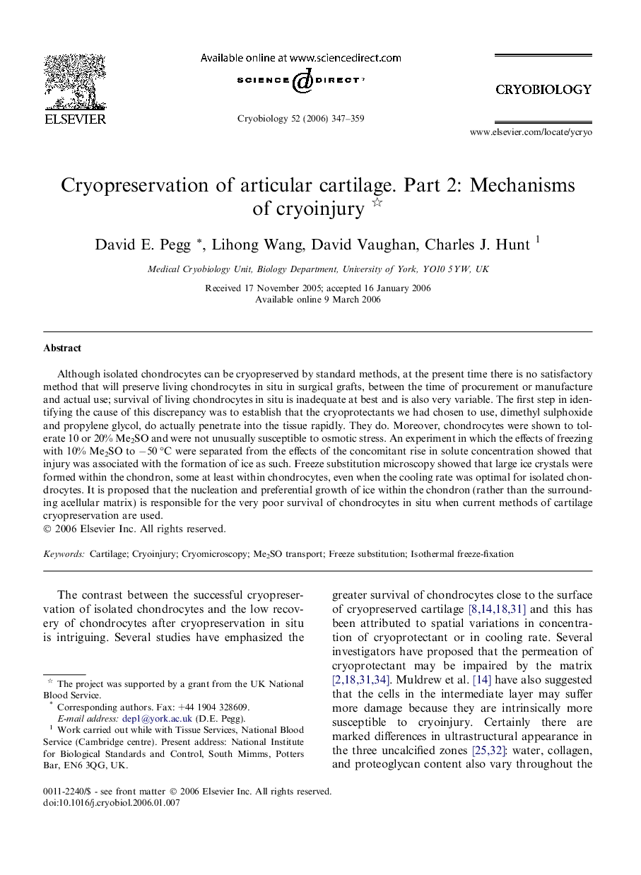 Cryopreservation of articular cartilage. Part 2: Mechanisms of cryoinjury 