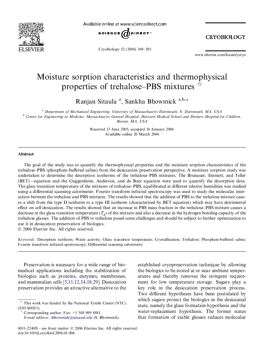 Moisture sorption characteristics and thermophysical properties of trehalose–PBS mixtures 