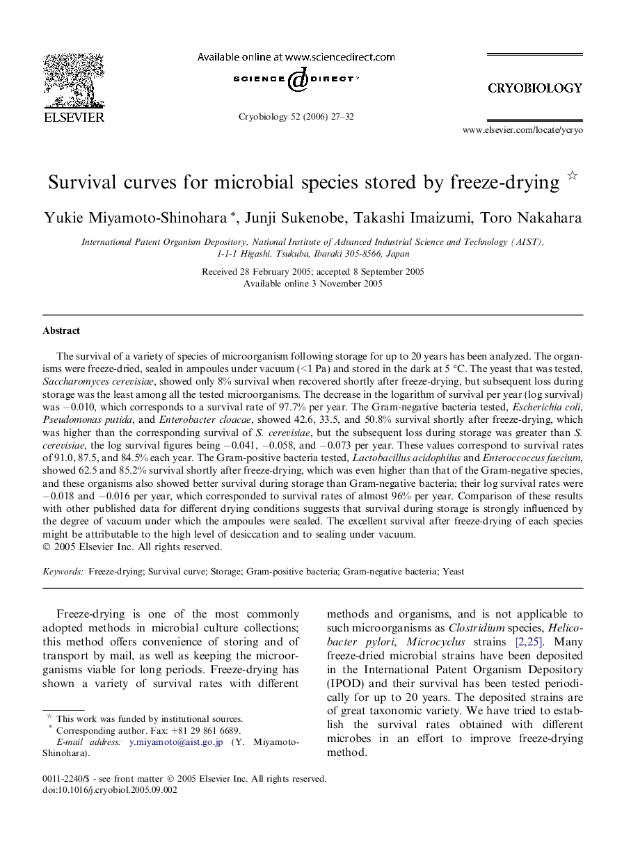 Survival curves for microbial species stored by freeze-drying 