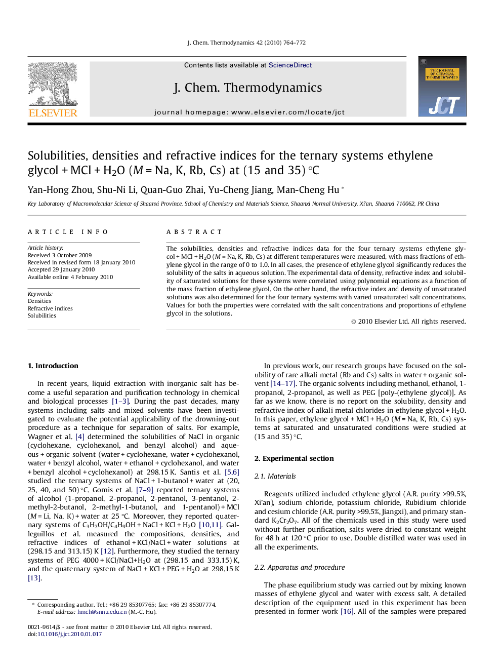 عکس صفحه اول مقاله: Solubilities, densities and refractive indices for the ternary systems ethylene glycol + MCl + H2O (M = Na, K, Rb, Cs) at (15 and 35) °C Solubilities, densities and refractive indices for the ternary systems ethylene glycol + MCl + H2O (M = Na, K, Rb, Cs) at (15 and 35) °C
