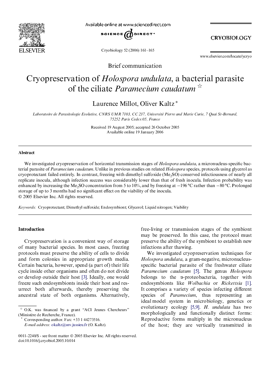 Cryopreservation of Holospora undulata, a bacterial parasite of the ciliate Paramecium caudatum 