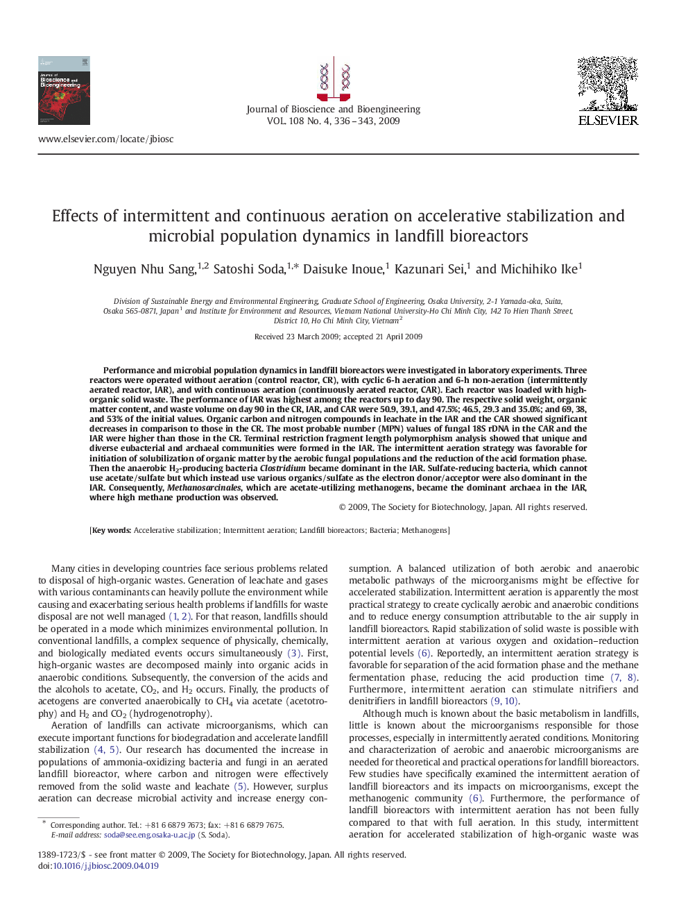 Effects of intermittent and continuous aeration on accelerative stabilization and microbial population dynamics in landfill bioreactors