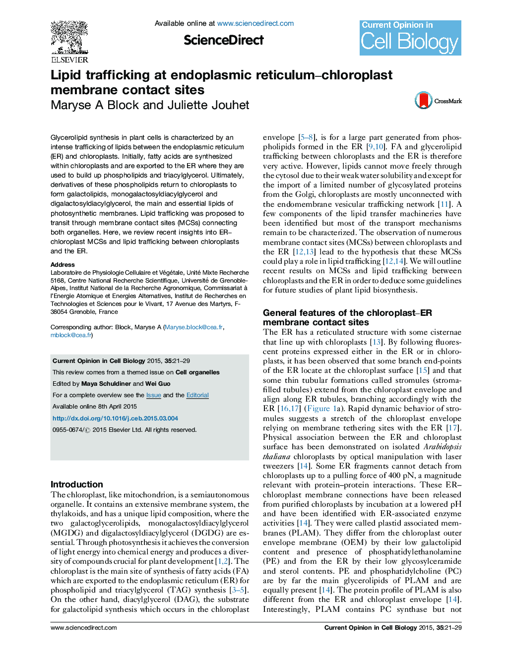 Lipid trafficking at endoplasmic reticulum–chloroplast membrane contact sites