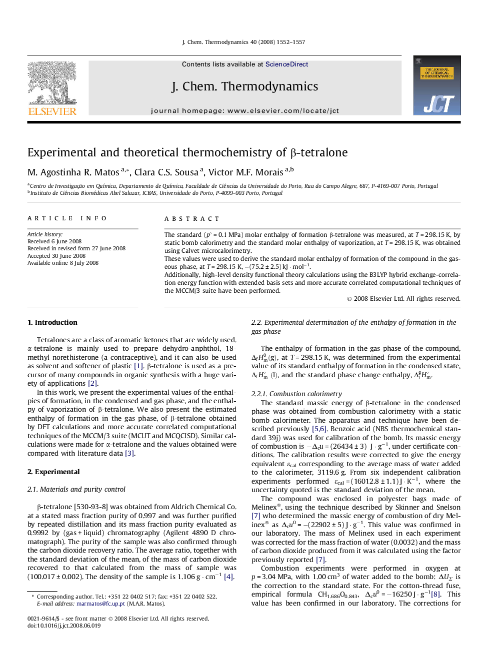 عکس صفحه اول مقاله: Experimental and theoretical thermochemistry of β-tetralone Experimental and theoretical thermochemistry of β-tetralone