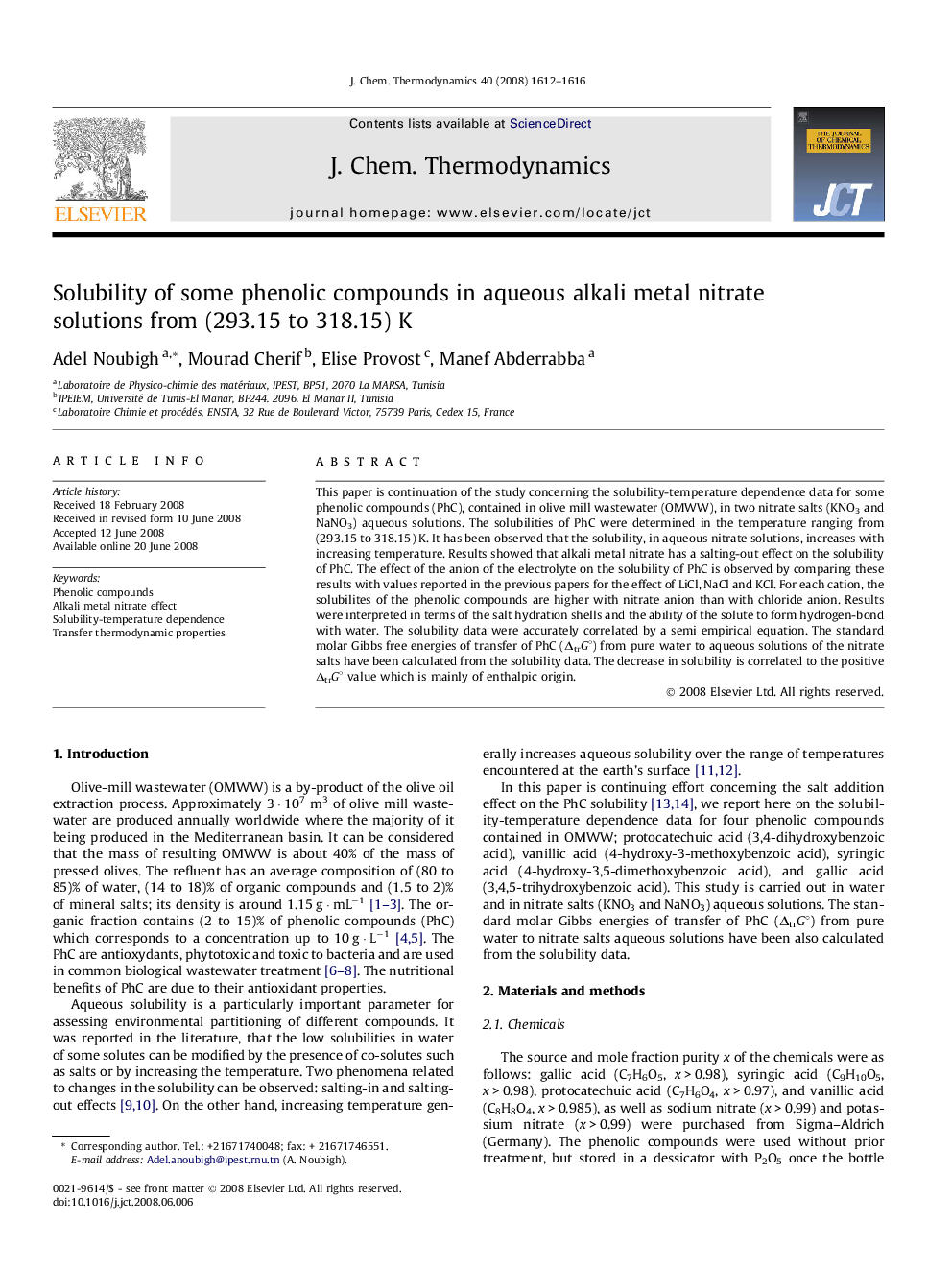 Solubility of some phenolic compounds in aqueous alkali metal nitrate solutions from (293.15 to 318.15) K