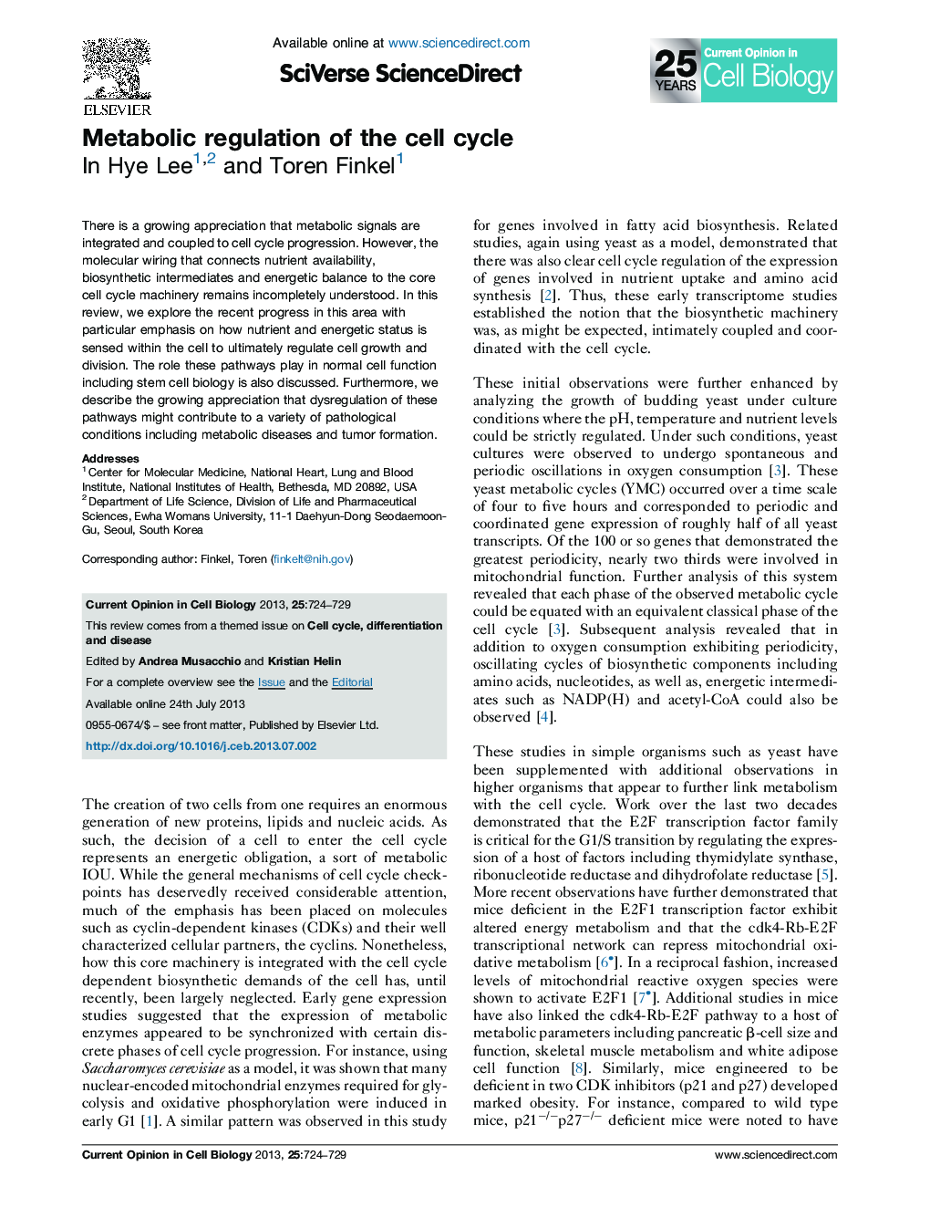 Metabolic regulation of the cell cycle