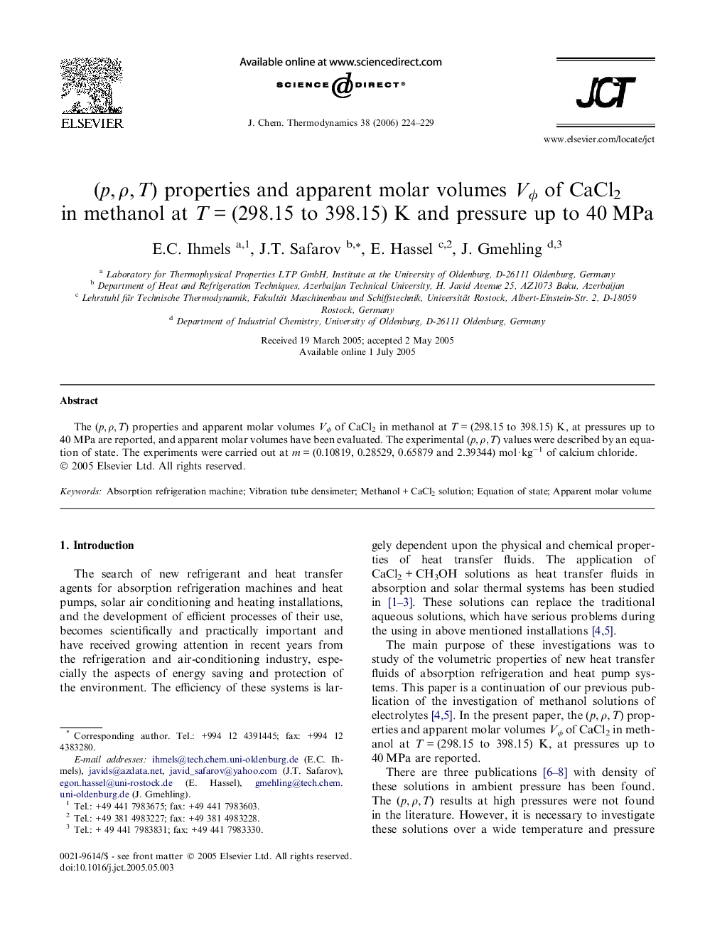 (p, ρ, T) properties and apparent molar volumes Vϕ of CaCl2 in methanol at T = (298.15 to 398.15) K and pressure up to 40 MPa