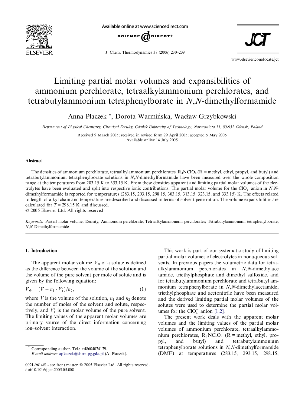 Limiting partial molar volumes and expansibilities of ammonium perchlorate, tetraalkylammonium perchlorates, and tetrabutylammonium tetraphenylborate in N,N-dimethylformamide