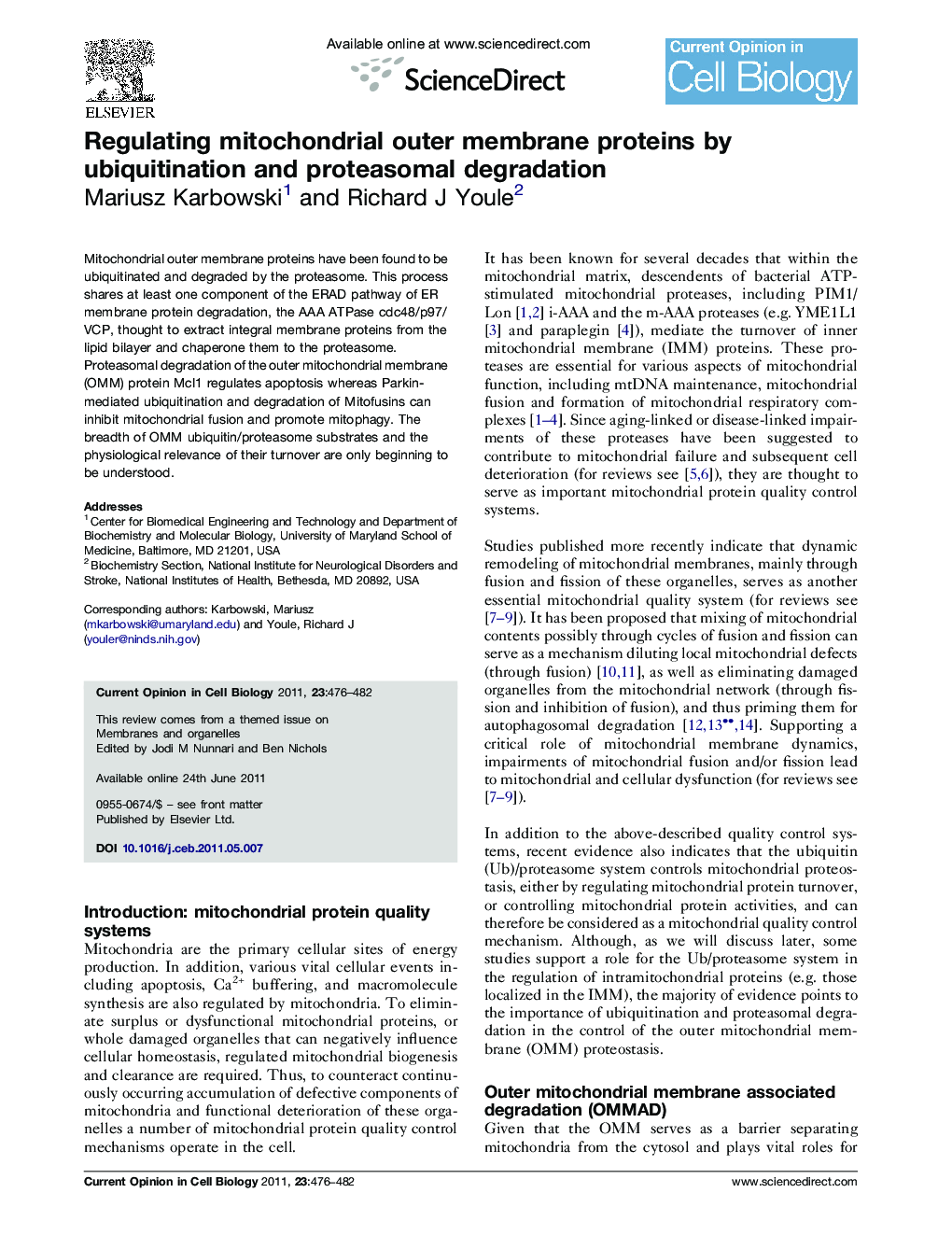عکس صفحه اول مقاله: Regulating mitochondrial outer membrane proteins by ubiquitination and proteasomal degradation Regulating mitochondrial outer membrane proteins by ubiquitination and proteasomal degradation