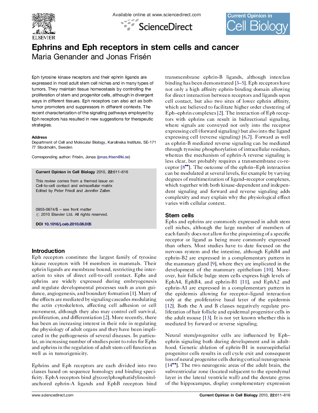 Ephrins and Eph receptors in stem cells and cancer