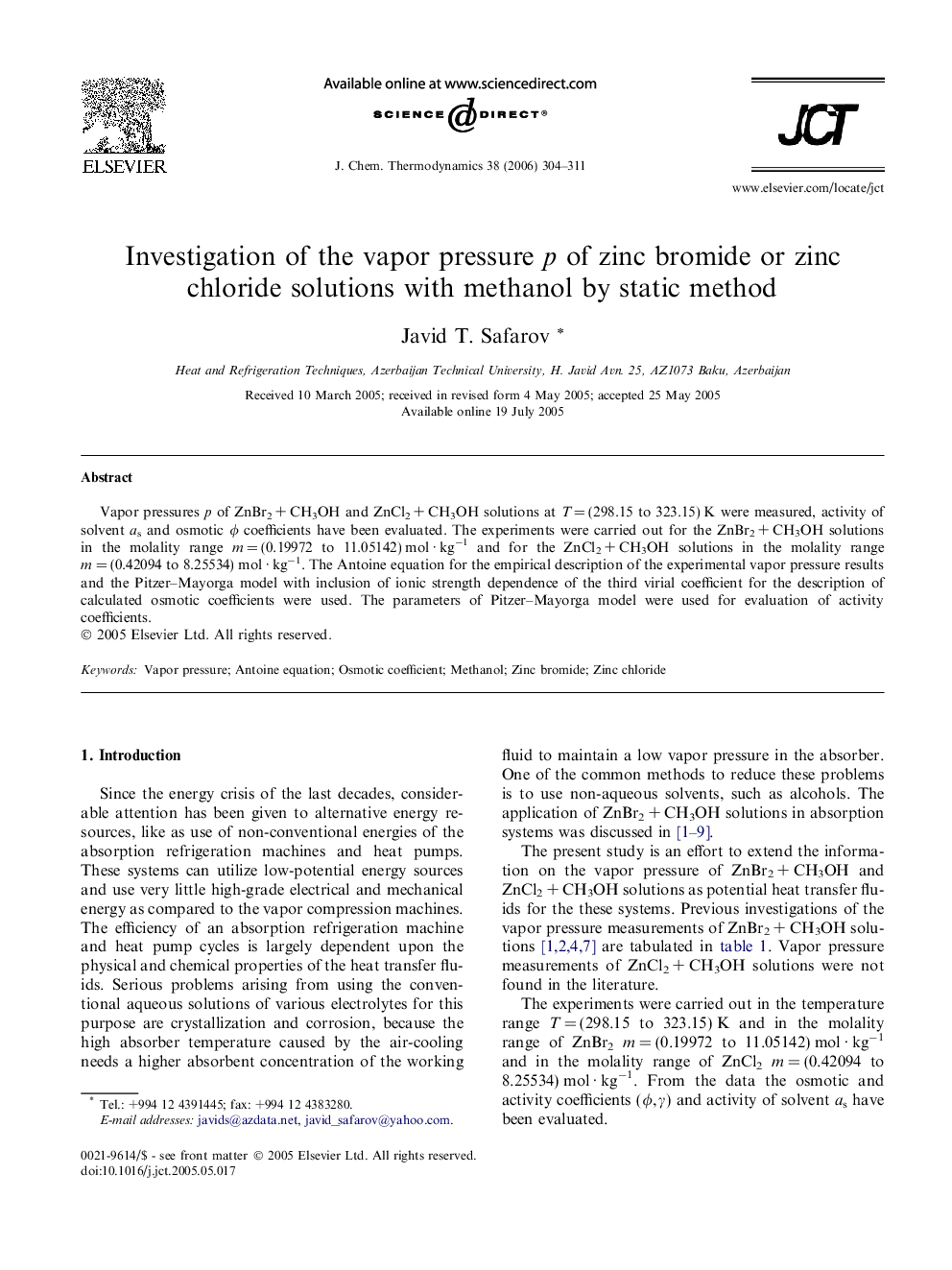 Investigation of the vapor pressure p of zinc bromide or zinc chloride solutions with methanol by static method