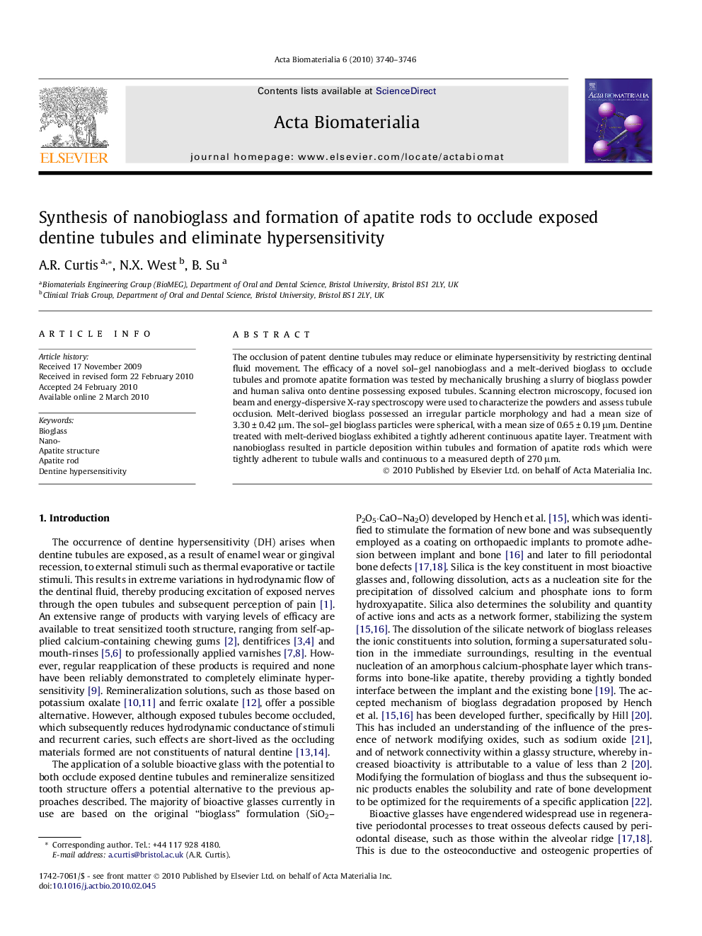 Synthesis of nanobioglass and formation of apatite rods to occlude exposed dentine tubules and eliminate hypersensitivity