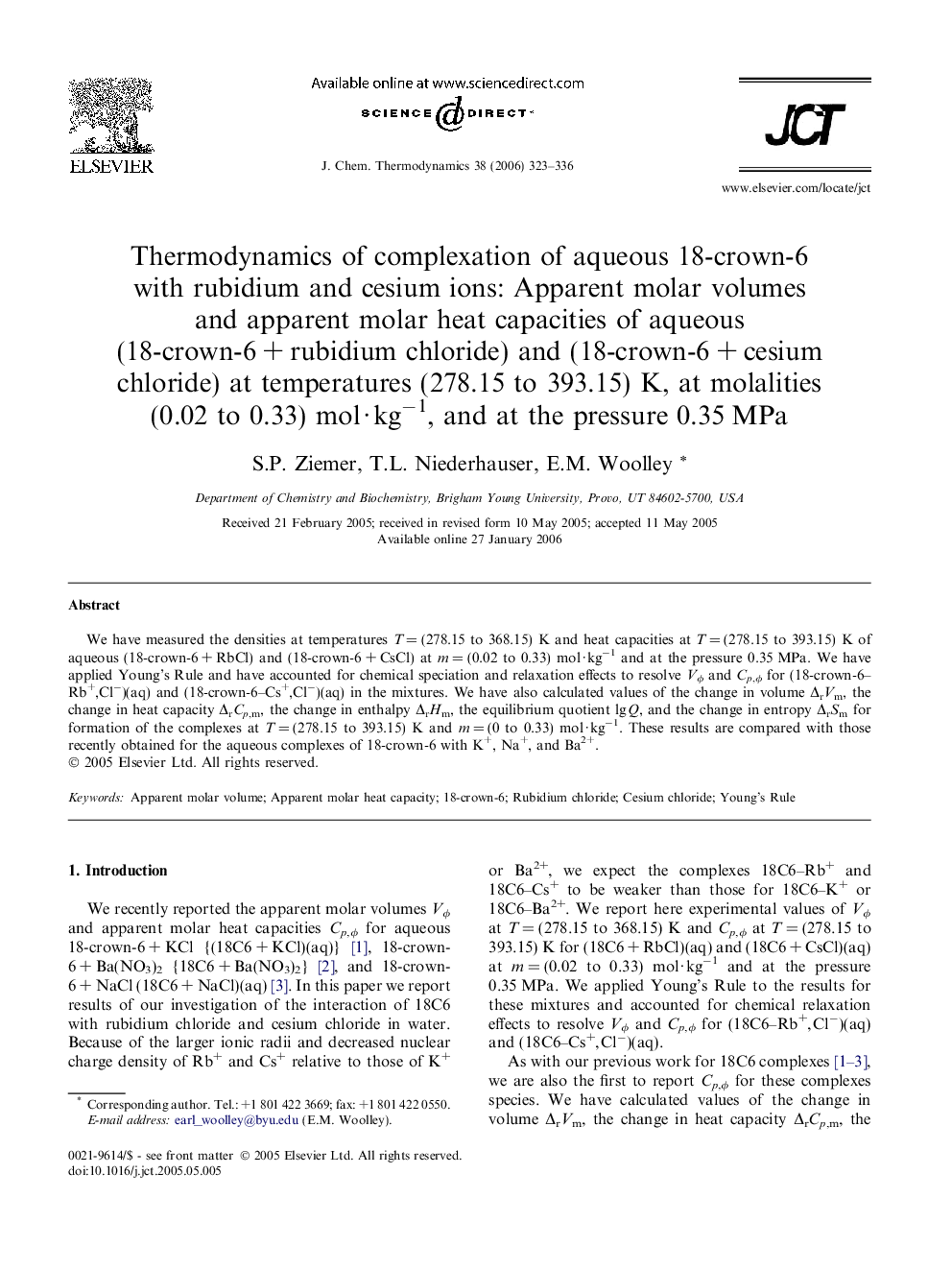 Thermodynamics of complexation of aqueous 18-crown-6 with rubidium and cesium ions: Apparent molar volumes and apparent molar heat capacities of aqueous (18-crown-6 + rubidium chloride) and (18-crown-6 + cesium chloride) at temperatures (278.15 to 393.15)