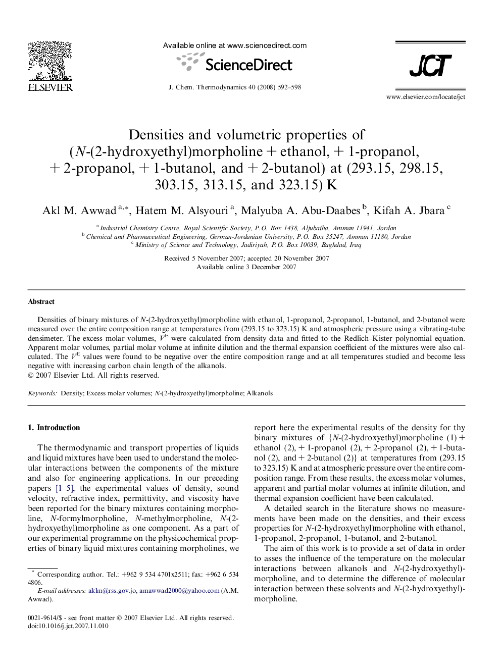 Densities and volumetric properties of (N-(2-hydroxyethyl)morpholine + ethanol, + 1-propanol, + 2-propanol, + 1-butanol, and + 2-butanol) at (293.15, 298.15, 303.15, 313.15, and 323.15) K