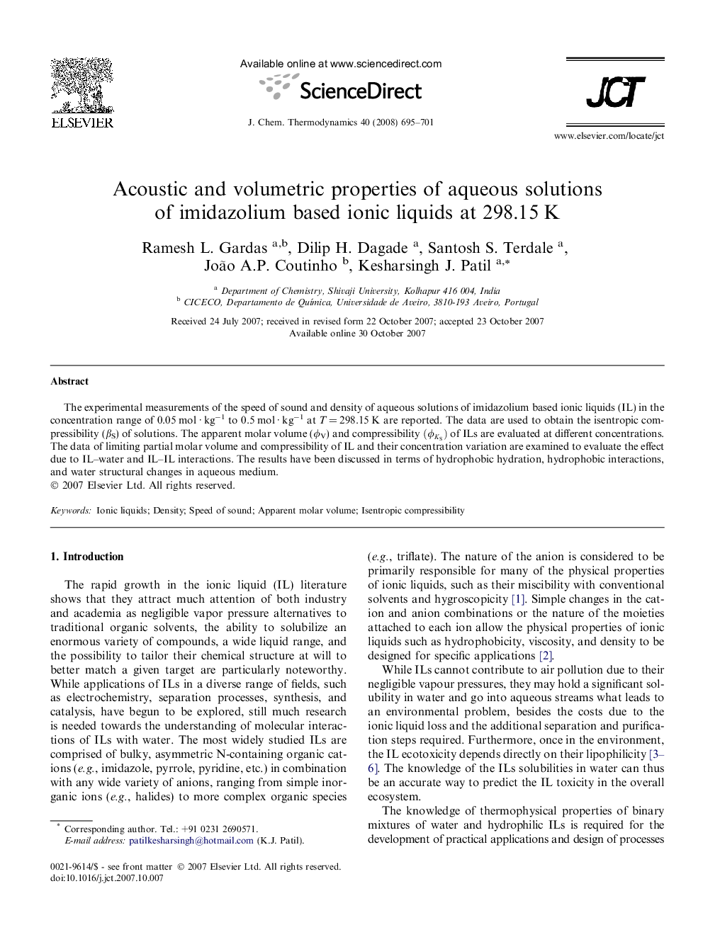 عکس صفحه اول مقاله: Acoustic and volumetric properties of aqueous solutions of imidazolium based ionic liquids at 298.15 K Acoustic and volumetric properties of aqueous solutions of imidazolium based ionic liquids at 298.15 K