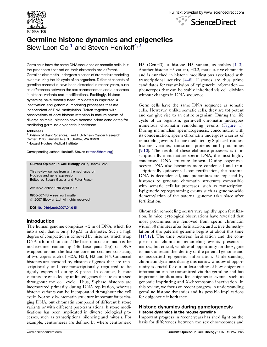 Germline histone dynamics and epigenetics