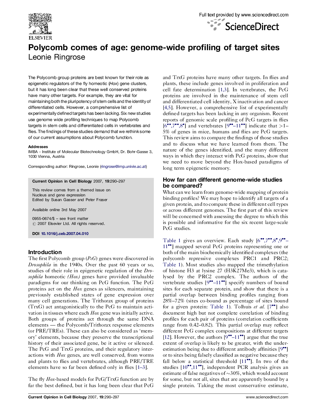 Polycomb comes of age: genome-wide profiling of target sites
