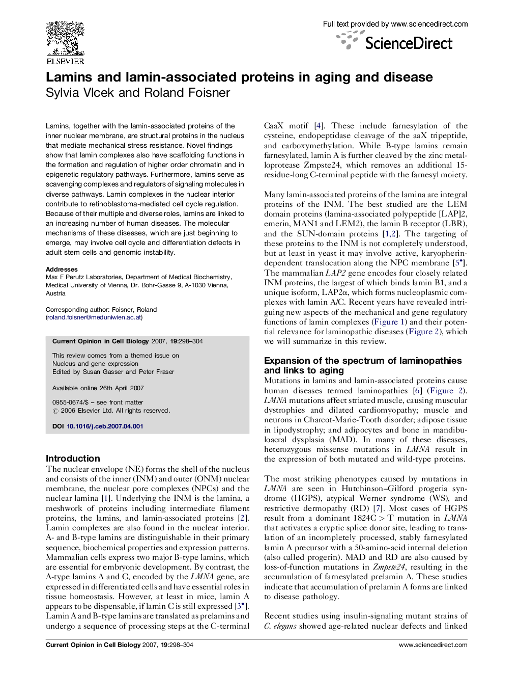 Lamins and lamin-associated proteins in aging and disease