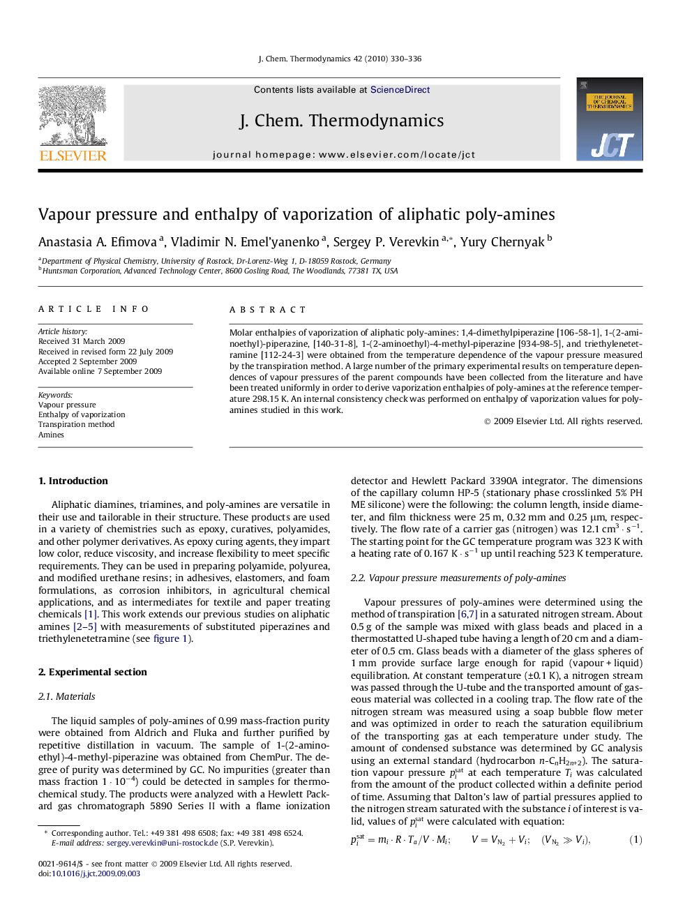 Vapour pressure and enthalpy of vaporization of aliphatic poly-amines