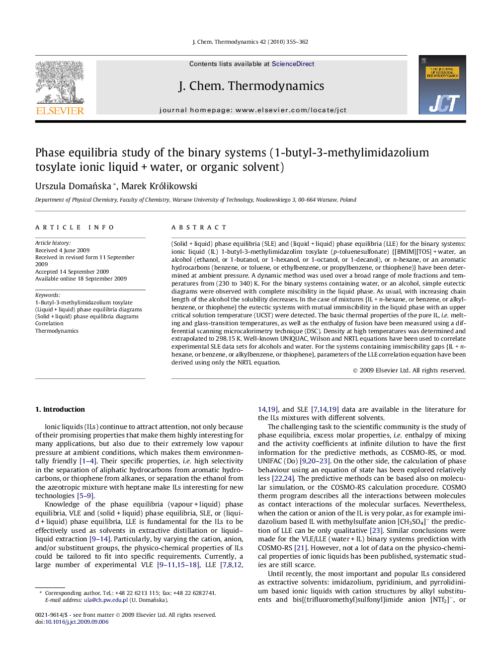 Phase equilibria study of the binary systems (1-butyl-3-methylimidazolium tosylate ionic liquid + water, or organic solvent)