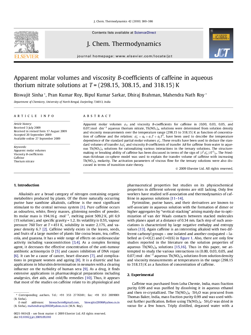 عکس صفحه اول مقاله: Apparent molar volumes and viscosity B-coefficients of caffeine in aqueous thorium nitrate solutions at T = (298.15, 308.15, and 318.15) K Apparent molar volumes and viscosity B-coefficients of caffeine in aqueous thorium nitrate solutions at T = (298.15, 308.15, and 318.15) K