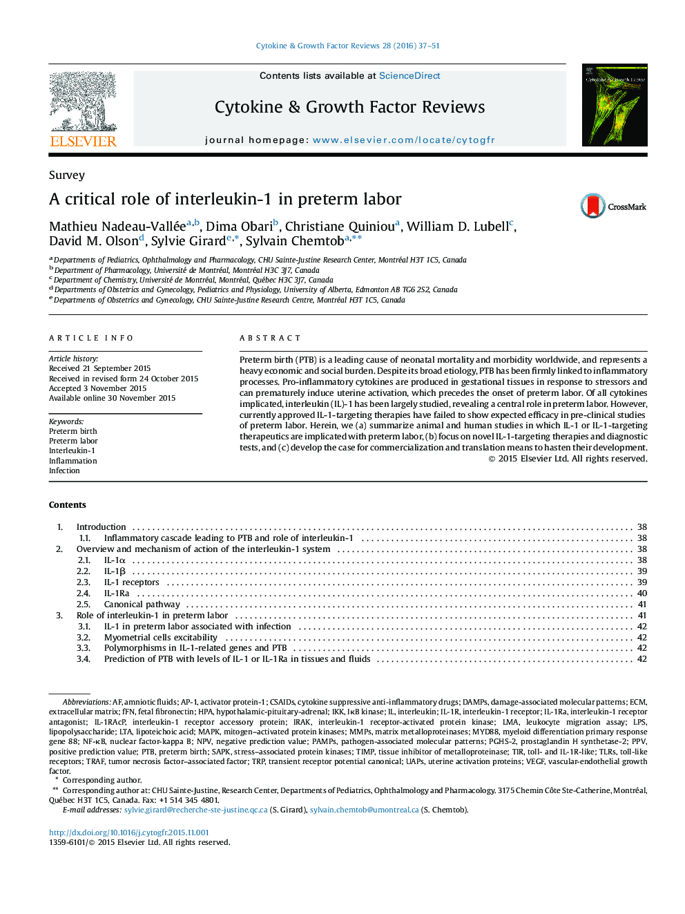 A critical role of interleukin-1 in preterm labor