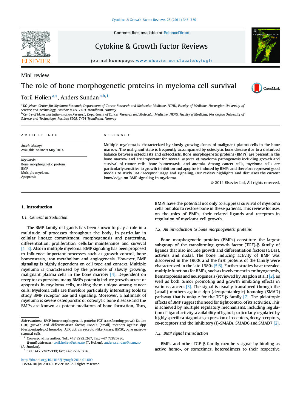 The role of bone morphogenetic proteins in myeloma cell survival