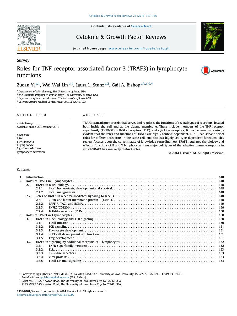 Roles for TNF-receptor associated factor 3 (TRAF3) in lymphocyte functions