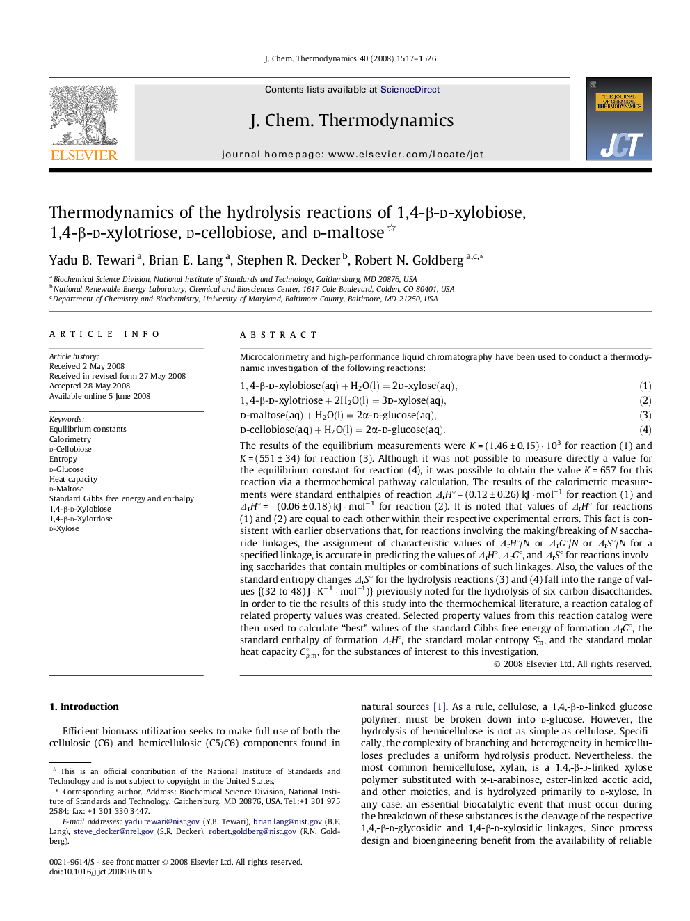 Thermodynamics of the hydrolysis reactions of 1,4-β-d-xylobiose, 1,4-β-d-xylotriose, d-cellobiose, and d-maltose 