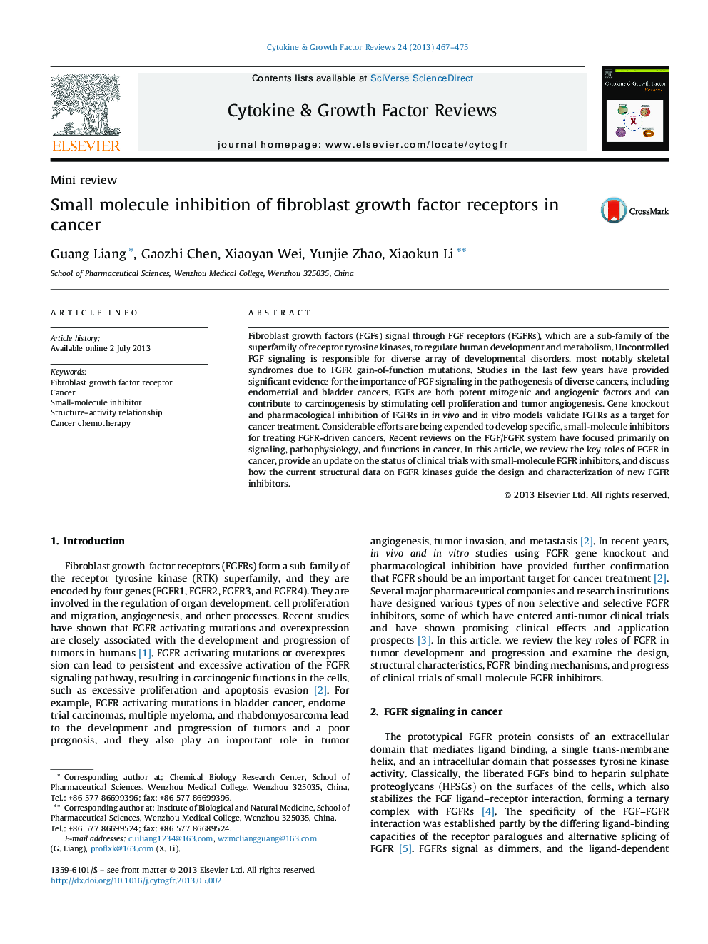 Small molecule inhibition of fibroblast growth factor receptors in cancer