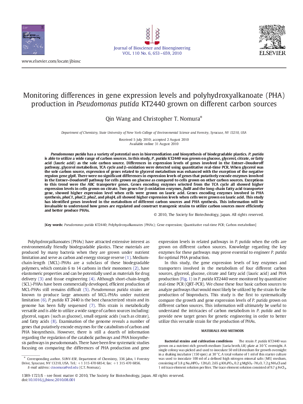 Monitoring differences in gene expression levels and polyhydroxyalkanoate (PHA) production in Pseudomonas putida KT2440 grown on different carbon sources