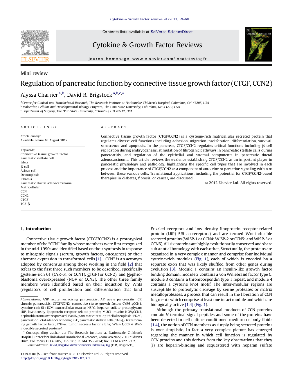 Regulation of pancreatic function by connective tissue growth factor (CTGF, CCN2)