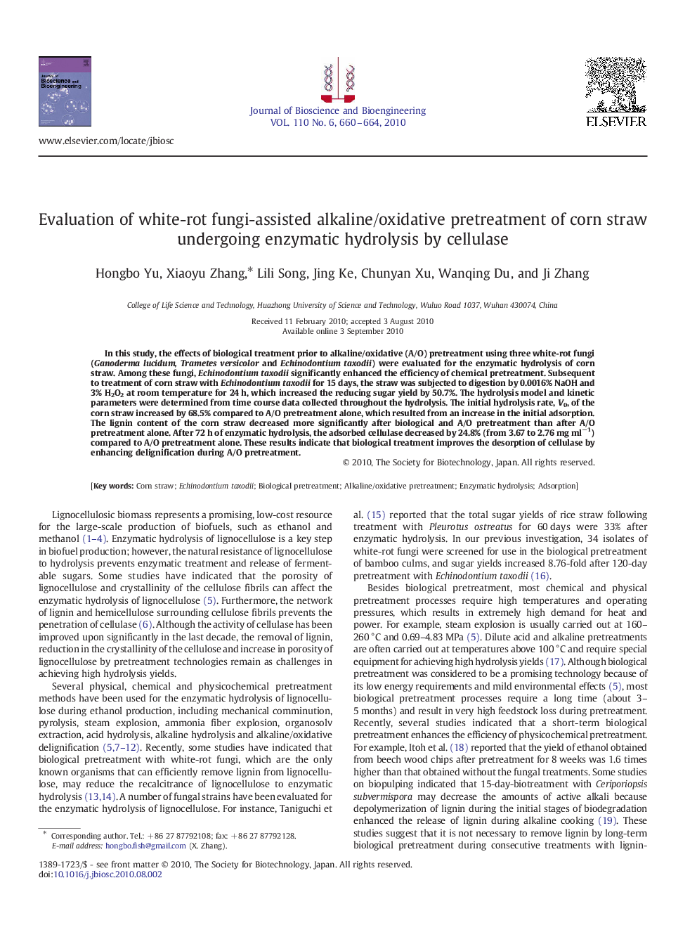 Evaluation of white-rot fungi-assisted alkaline/oxidative pretreatment of corn straw undergoing enzymatic hydrolysis by cellulase