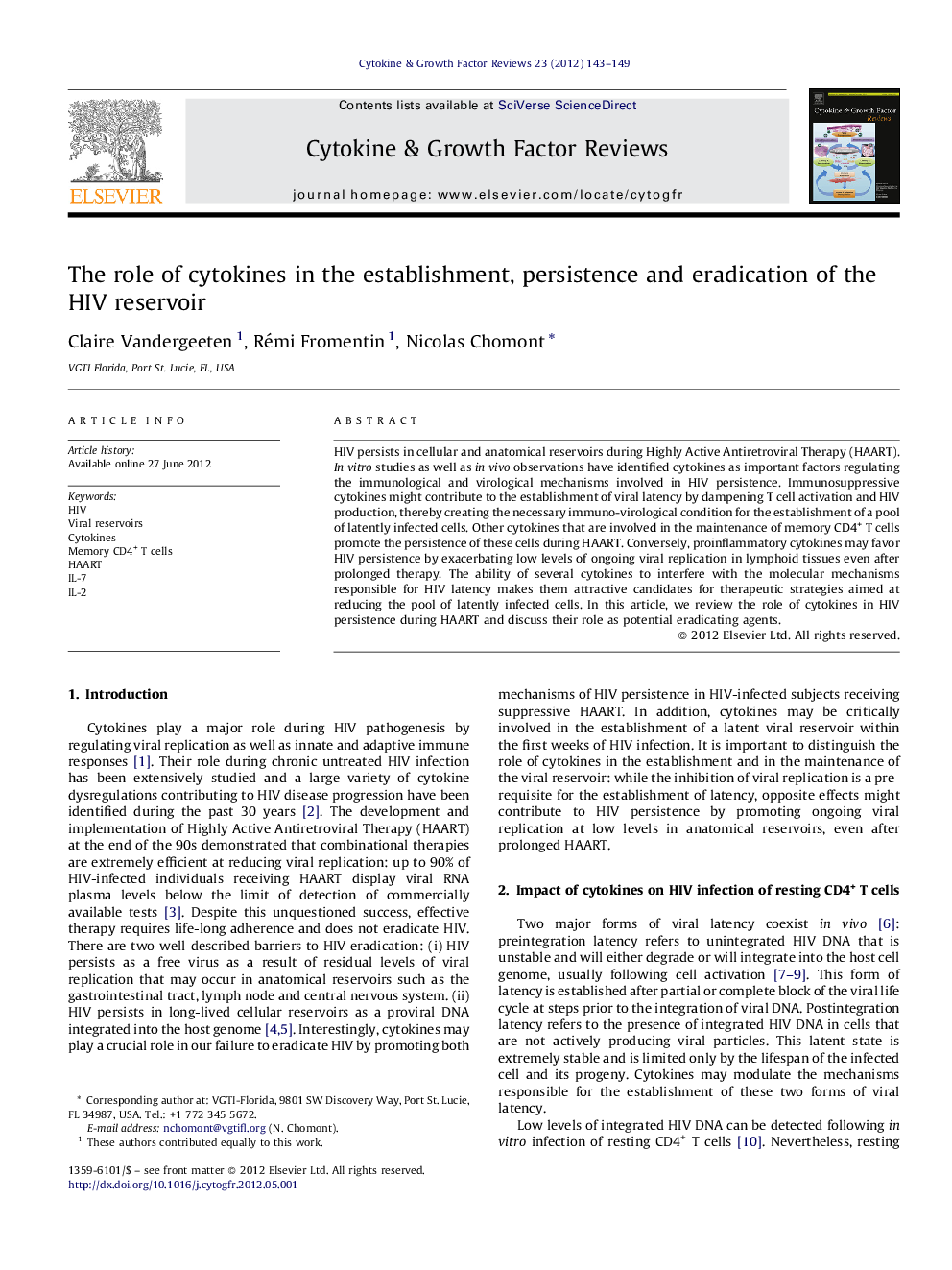 The role of cytokines in the establishment, persistence and eradication of the HIV reservoir