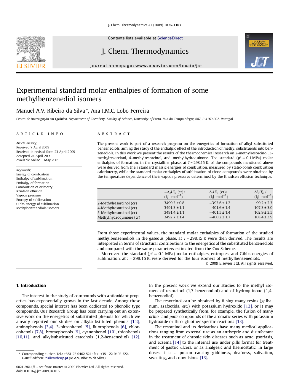 Experimental standard molar enthalpies of formation of some methylbenzenediol isomers