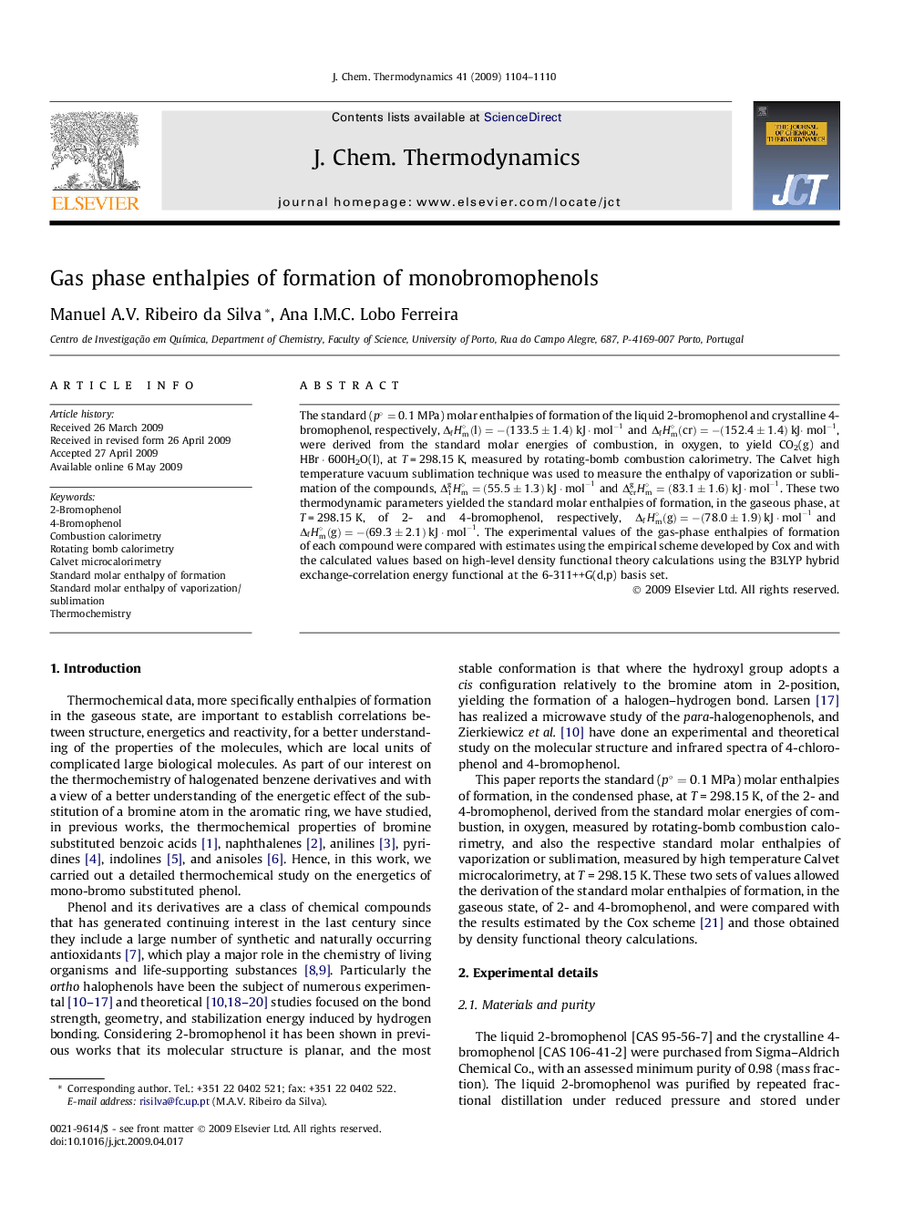عکس صفحه اول مقاله: Gas phase enthalpies of formation of monobromophenols Gas phase enthalpies of formation of monobromophenols