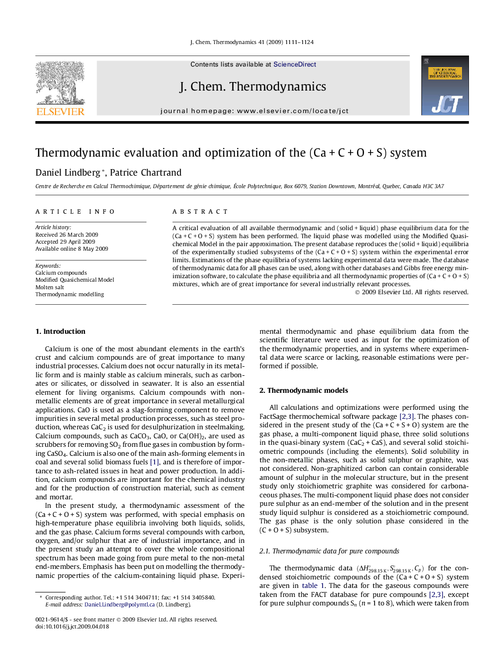 Thermodynamic evaluation and optimization of the (Ca + C + O + S) system