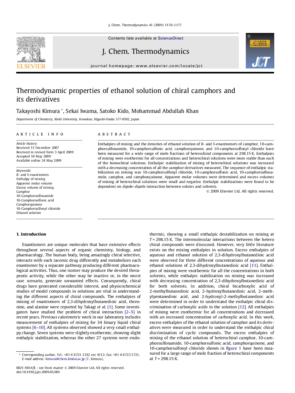 Thermodynamic properties of ethanol solution of chiral camphors and its derivatives