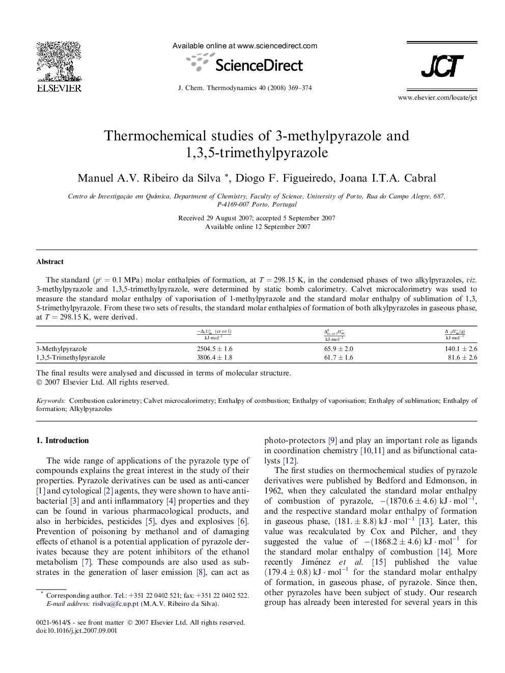 Thermochemical studies of 3-methylpyrazole and 1,3,5-trimethylpyrazole