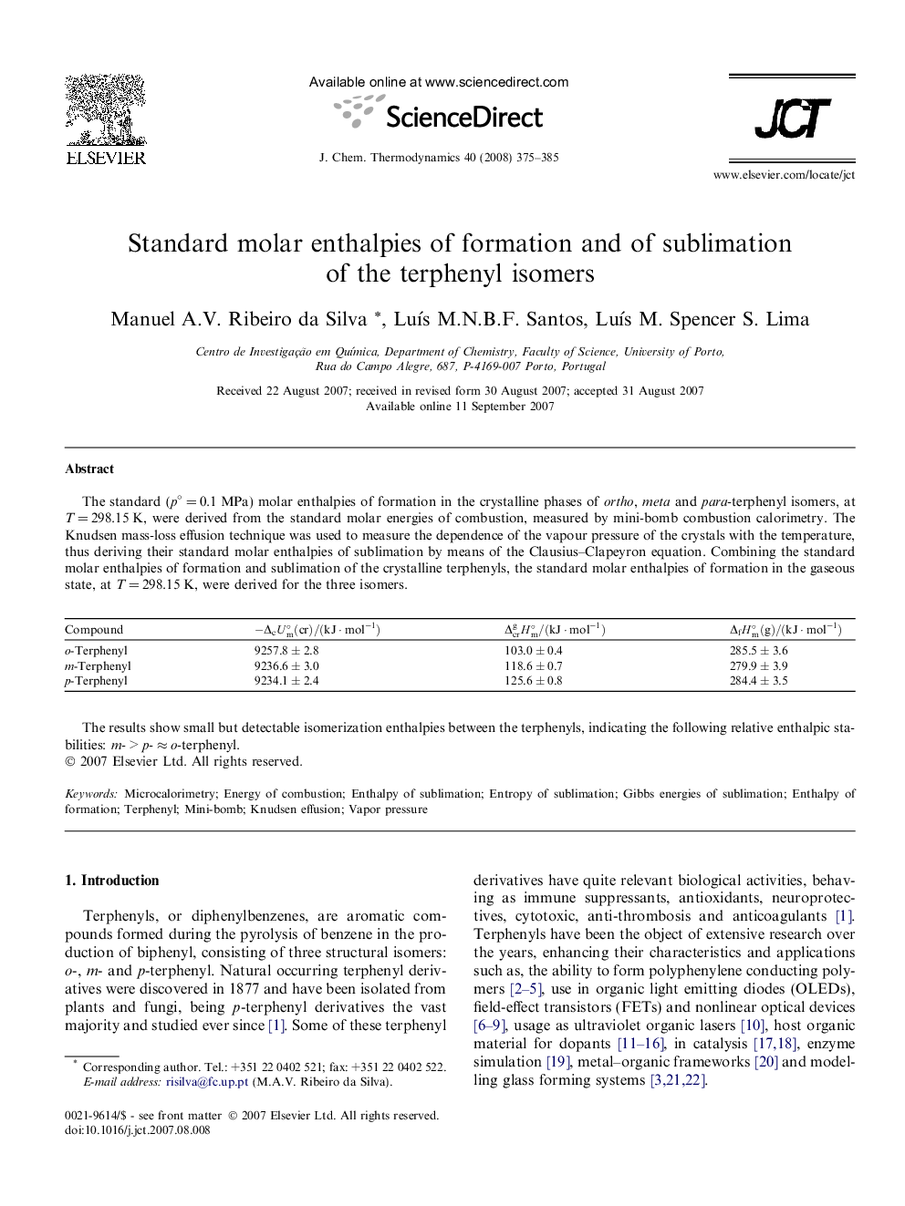 عکس صفحه اول مقاله: Standard molar enthalpies of formation and of sublimation of the terphenyl isomers Standard molar enthalpies of formation and of sublimation of the terphenyl isomers