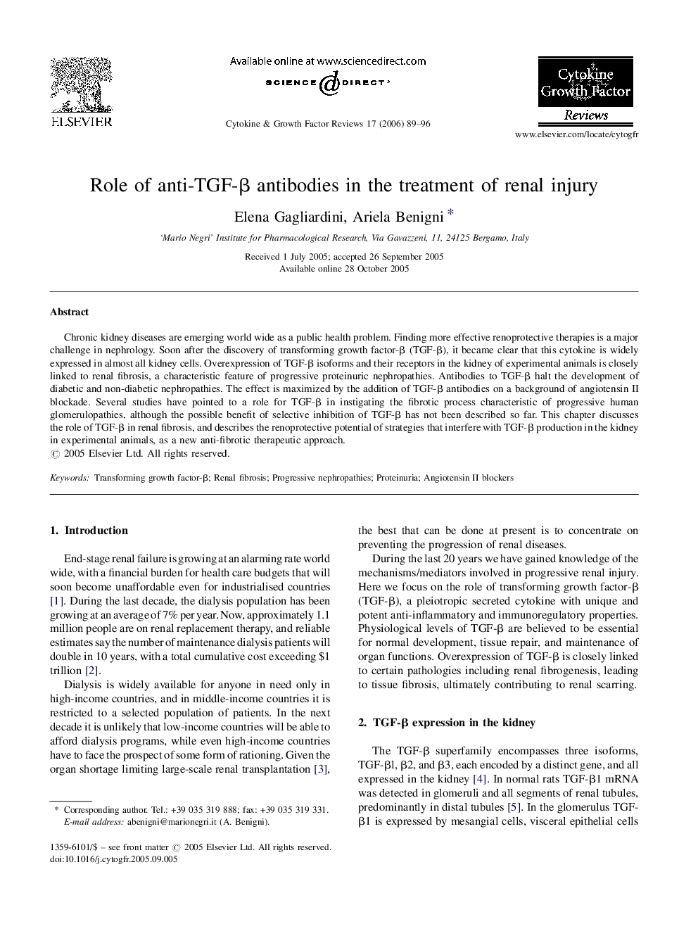 Role of anti-TGF-β antibodies in the treatment of renal injury