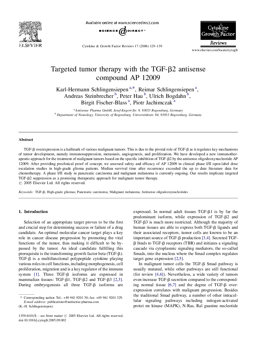 Targeted tumor therapy with the TGF-β2 antisense compound AP 12009