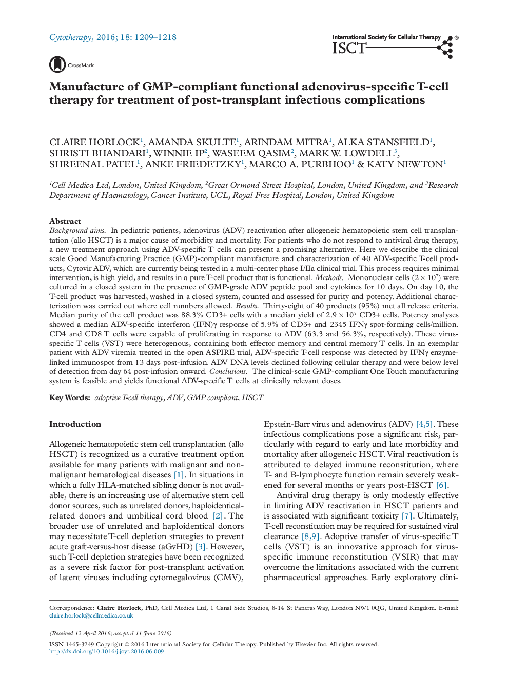 Manufacture of GMP-compliant functional adenovirus-specific T-cell therapy for treatment of post-transplant infectious complications