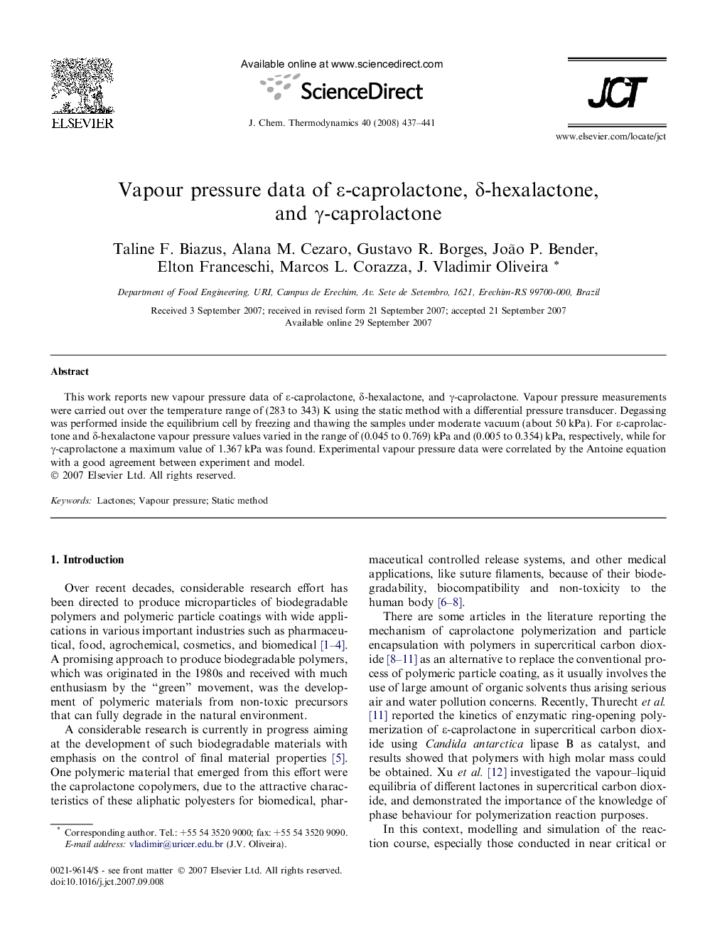 Vapour pressure data of ε-caprolactone, δ-hexalactone, and γ-caprolactone