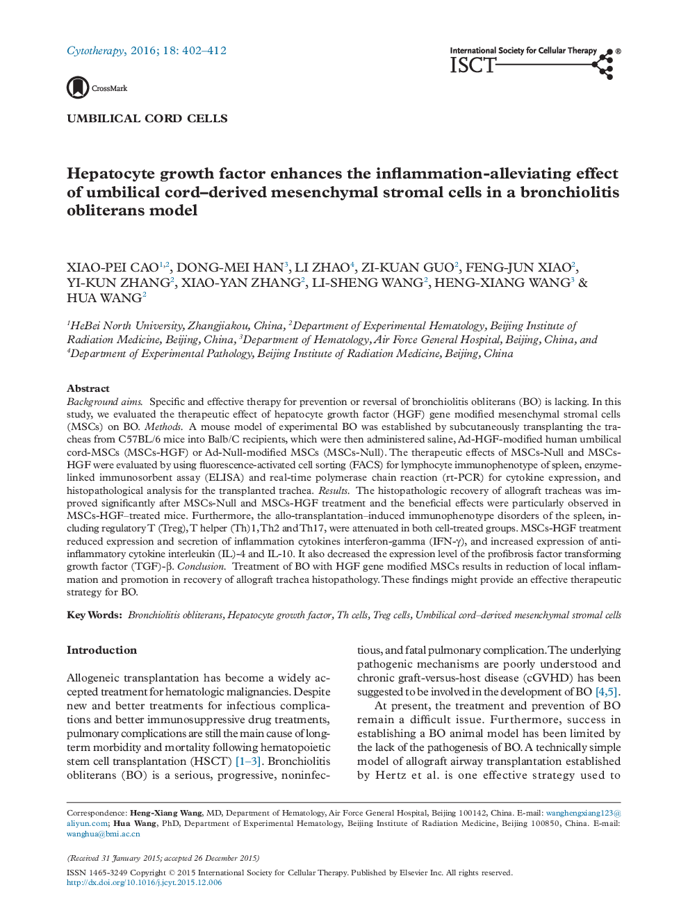 Hepatocyte growth factor enhances the inflammation-alleviating effect of umbilical cord–derived mesenchymal stromal cells in a bronchiolitis obliterans model