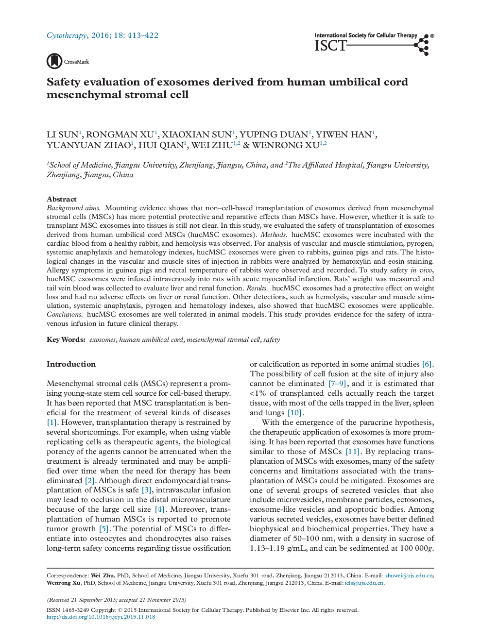 Safety evaluation of exosomes derived from human umbilical cord mesenchymal stromal cell