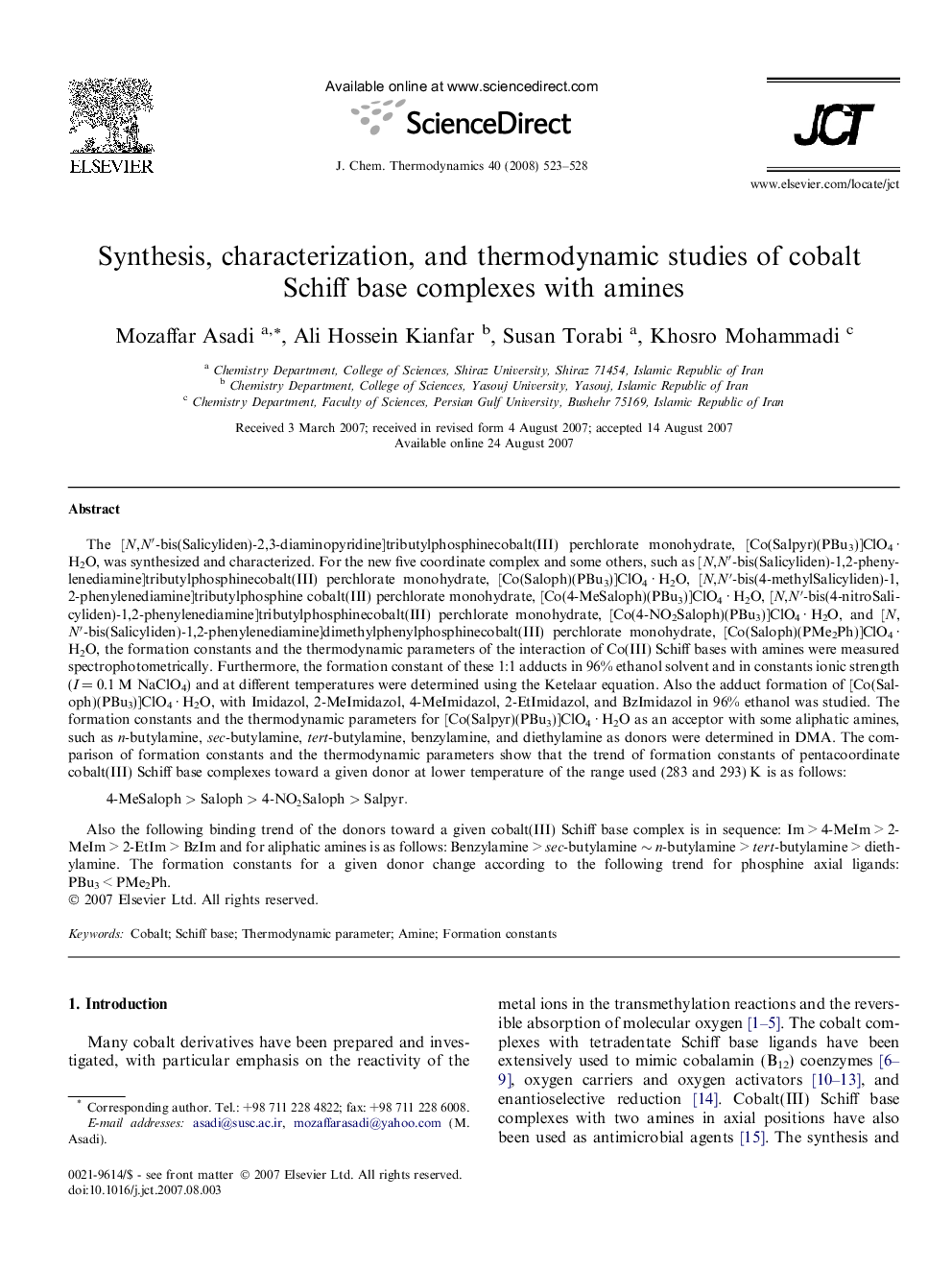 Synthesis, characterization, and thermodynamic studies of cobalt Schiff base complexes with amines