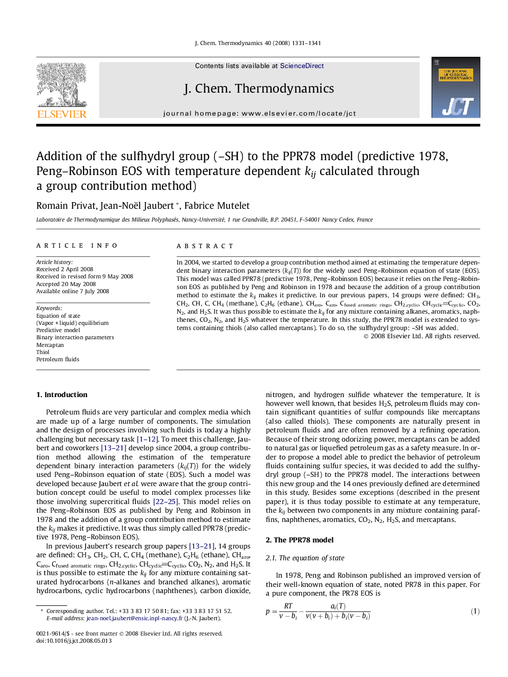 Addition of the sulfhydryl group (–SH) to the PPR78 model (predictive 1978, Peng–Robinson EOS with temperature dependent kij calculated through a group contribution method)