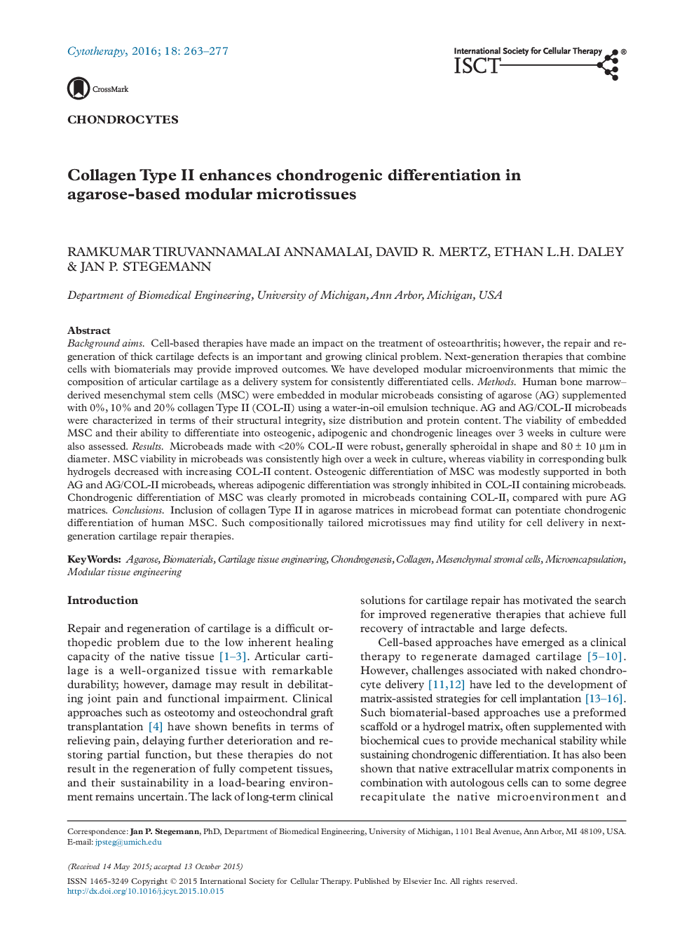 Collagen Type II enhances chondrogenic differentiation in agarose-based modular microtissues