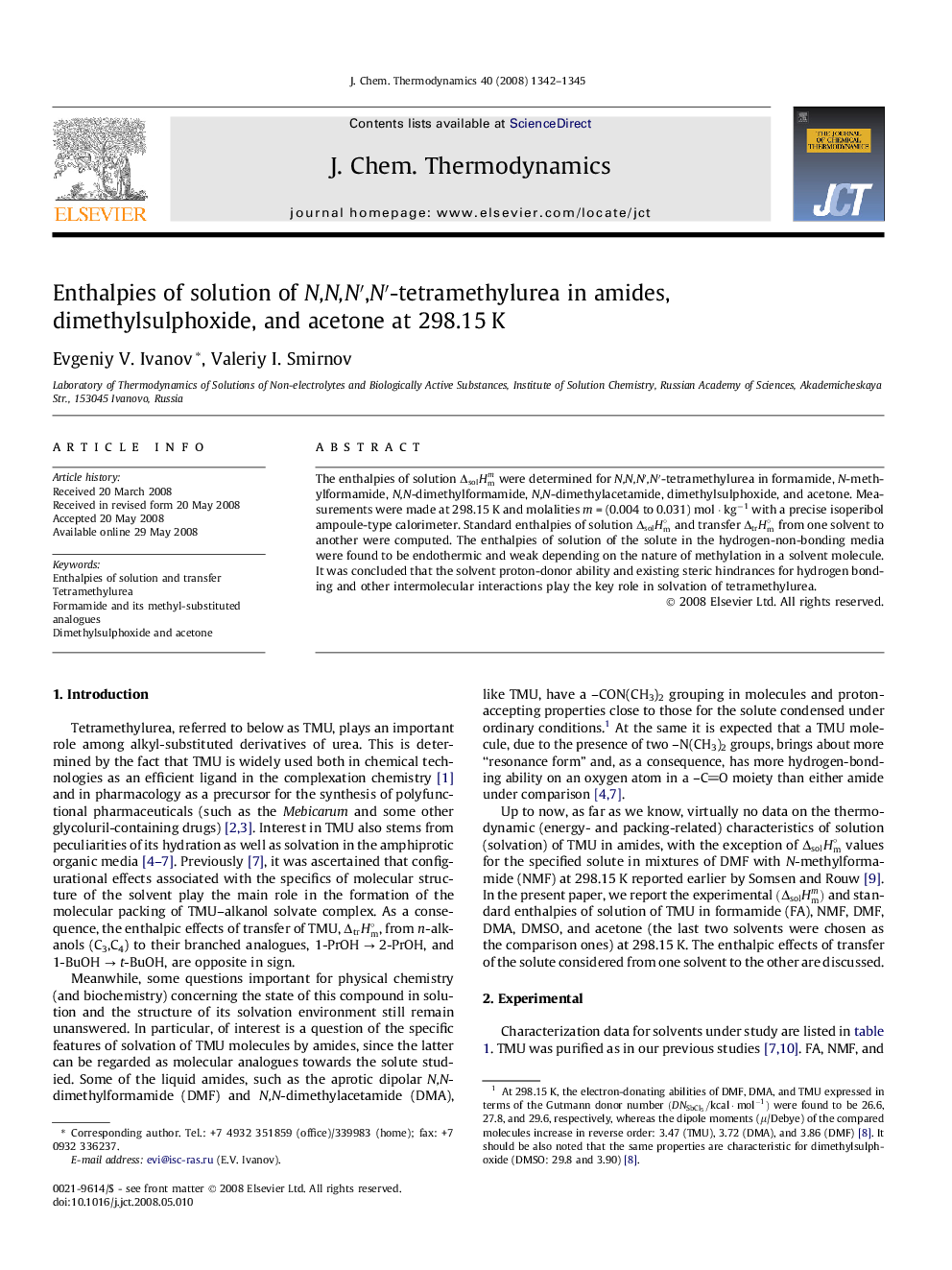 Enthalpies of solution of N,N,N′,N′-tetramethylurea in amides, dimethylsulphoxide, and acetone at 298.15 K